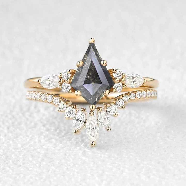 Crystal Clear Kite Cut Salt and Pepper Diamonds Three Stone Engagement Ring Set 2pcs - Rebecca