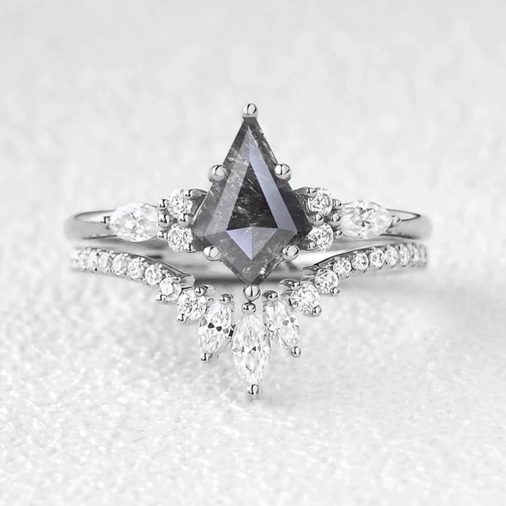 Unique Vibe Kite Cut Salt and Pepper Diamonds Three Stone Engagement Ring Set 2pcs - Rebecca