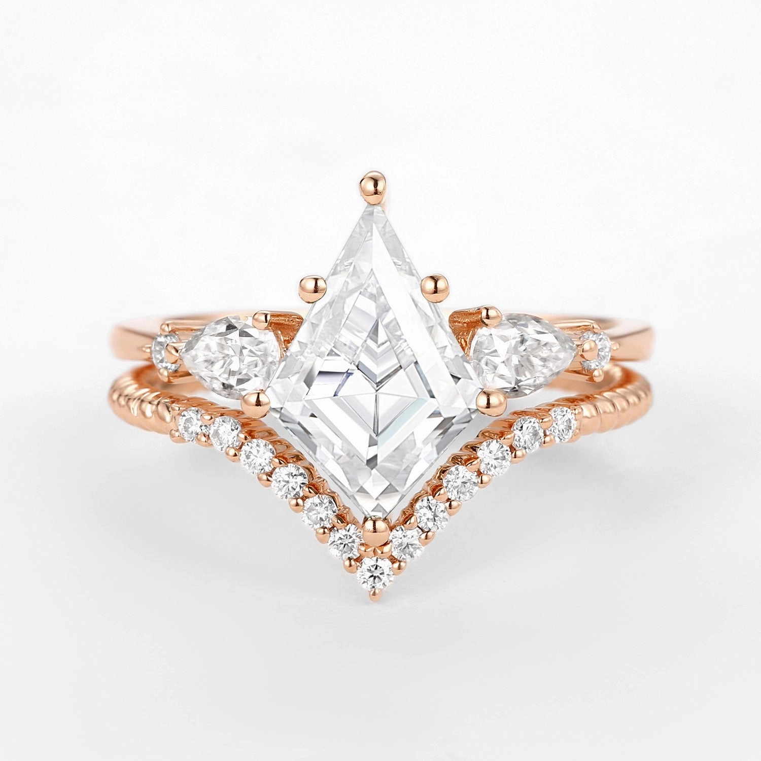 Exquisite Piece Kite Moissanite Three Stones Engagement Ring Set 2pcs - Delilah