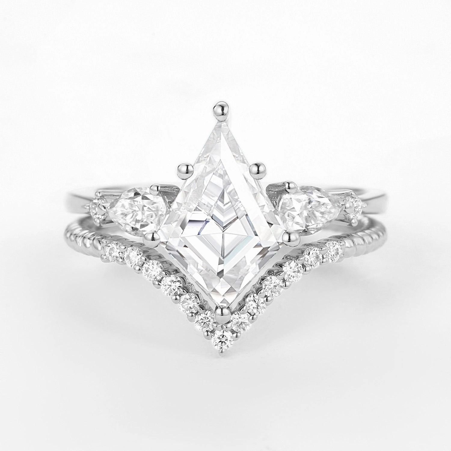 Kite Moissanite Three Stones Engagement Ring Set 2pcs - Delilah Top Pick Glam Look