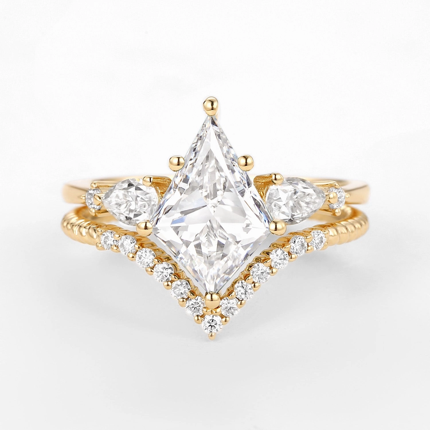 Lightweight Glam Glossy Finish Kite Moissanite Three Stones Engagement Ring Set 2pcs - Delilah