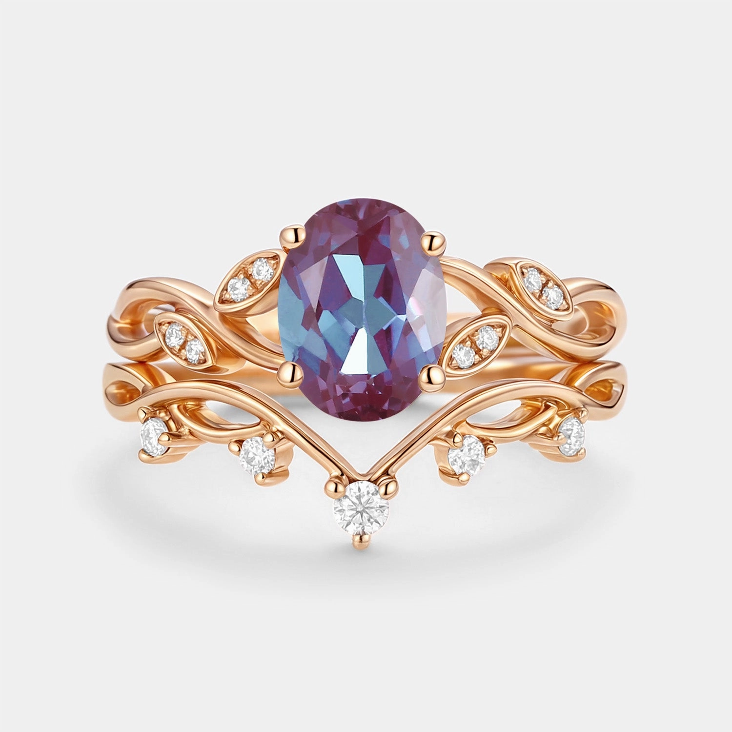 Opulent Accent Lab Alexandrite Oval Cut Leaf Ring Set 2pcs - Eiryn