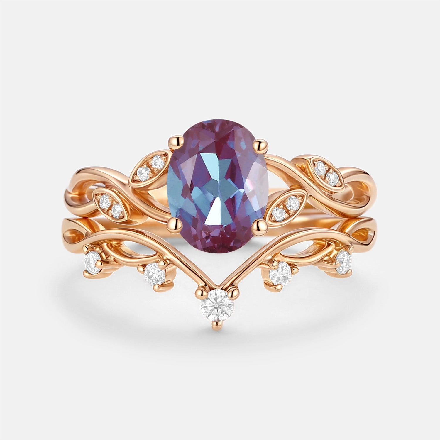 Versatile Accessory Muted Style Lab Alexandrite Oval Cut Leaf Ring Set 2pcs - Eiryn
