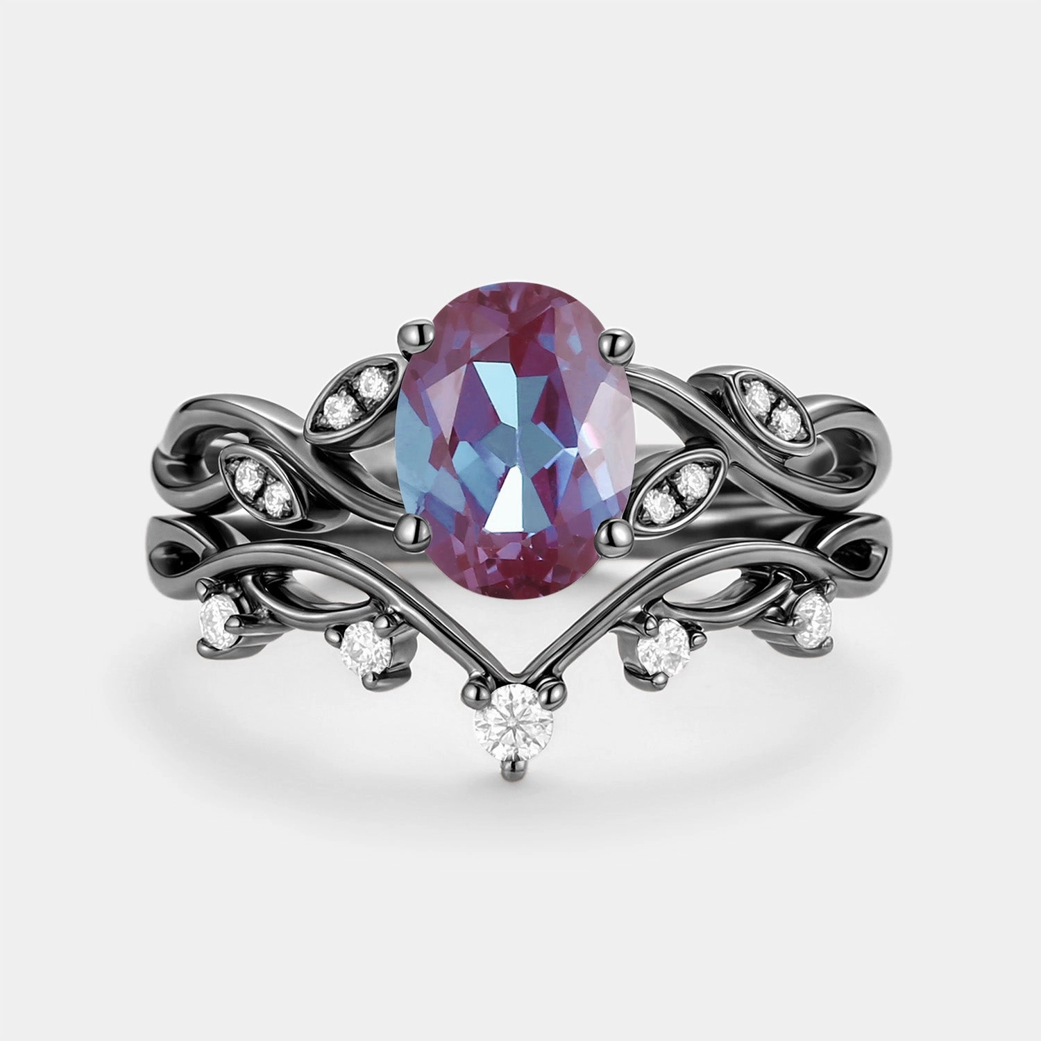 Lab Alexandrite Oval Cut Leaf Ring Set 2pcs - Eiryn Everyday Detail