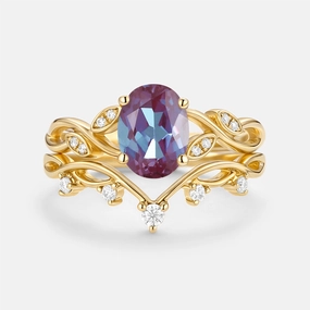 Vivid Edge Work Ready Lab Alexandrite Oval Cut Leaf Ring Set 2pcs - Eiryn