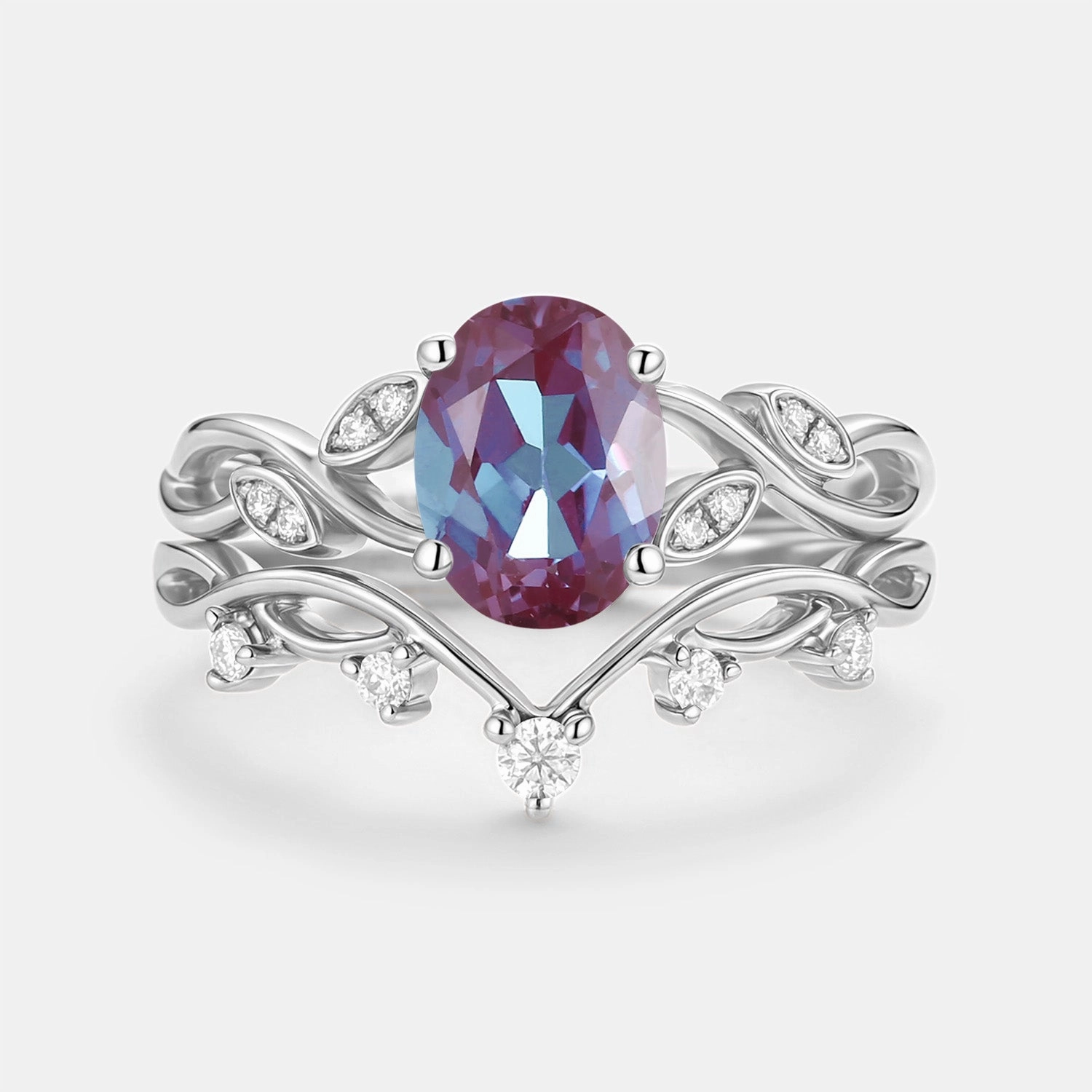 Model Shot Timeless Favorite Lab Alexandrite Oval Cut Leaf Ring Set 2pcs - Eiryn