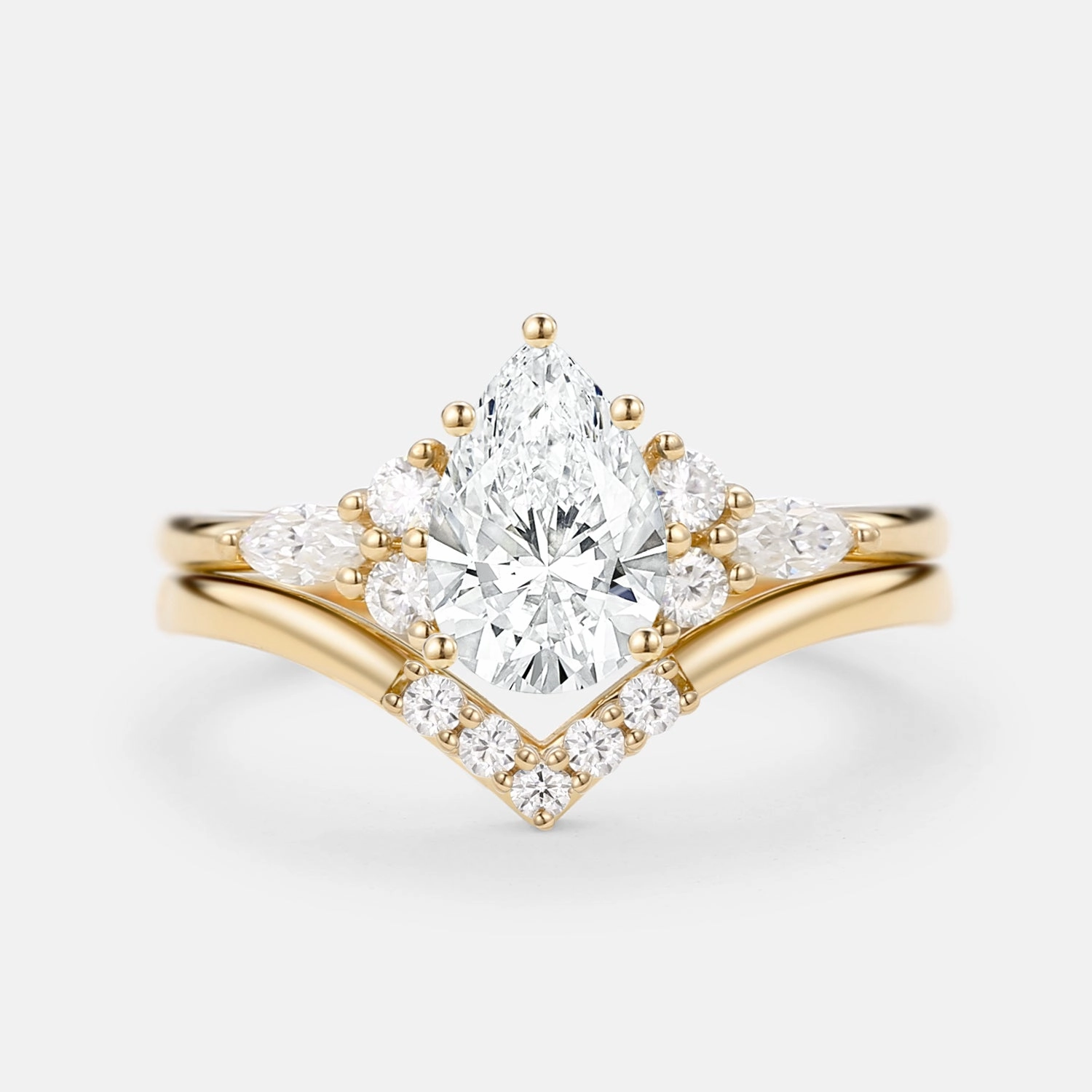 Classic Pairing Studio Shot Lab Grown Diamond Pear Cut Curved Engagement Ring Set 2pcs - Sienna