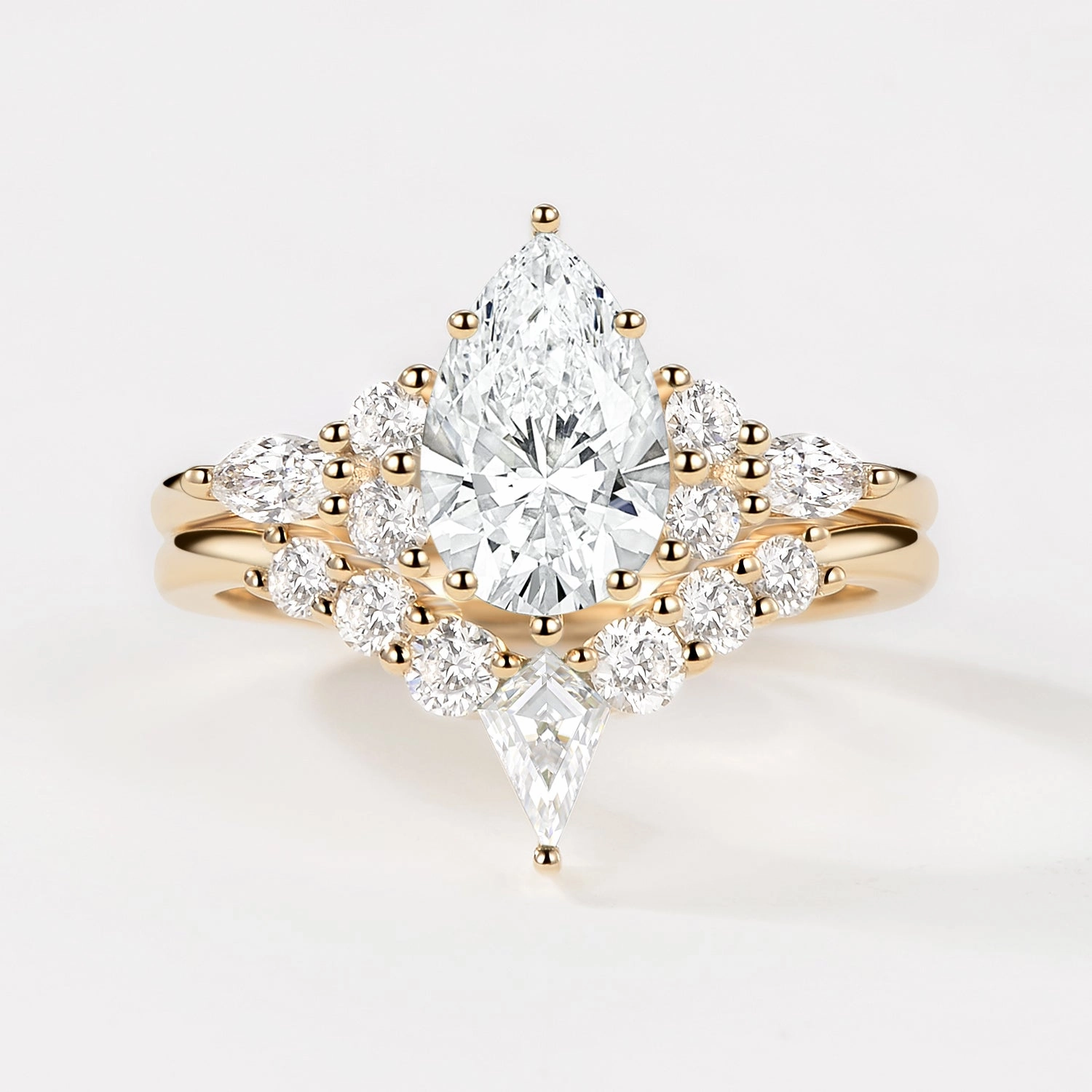 Lab Grown Diamond Pear Cut Curved Engagement Ring Set 2pcs - Zoey Minimalist Design Understated Fit