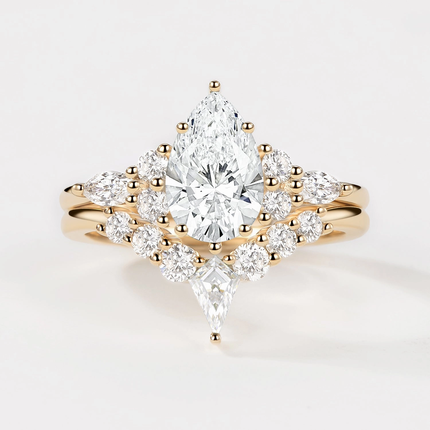 Sparkle Mood Minimal Aesthetic Lab Grown Diamond Pear Cut Curved Engagement Ring Set 2pcs - Zoey