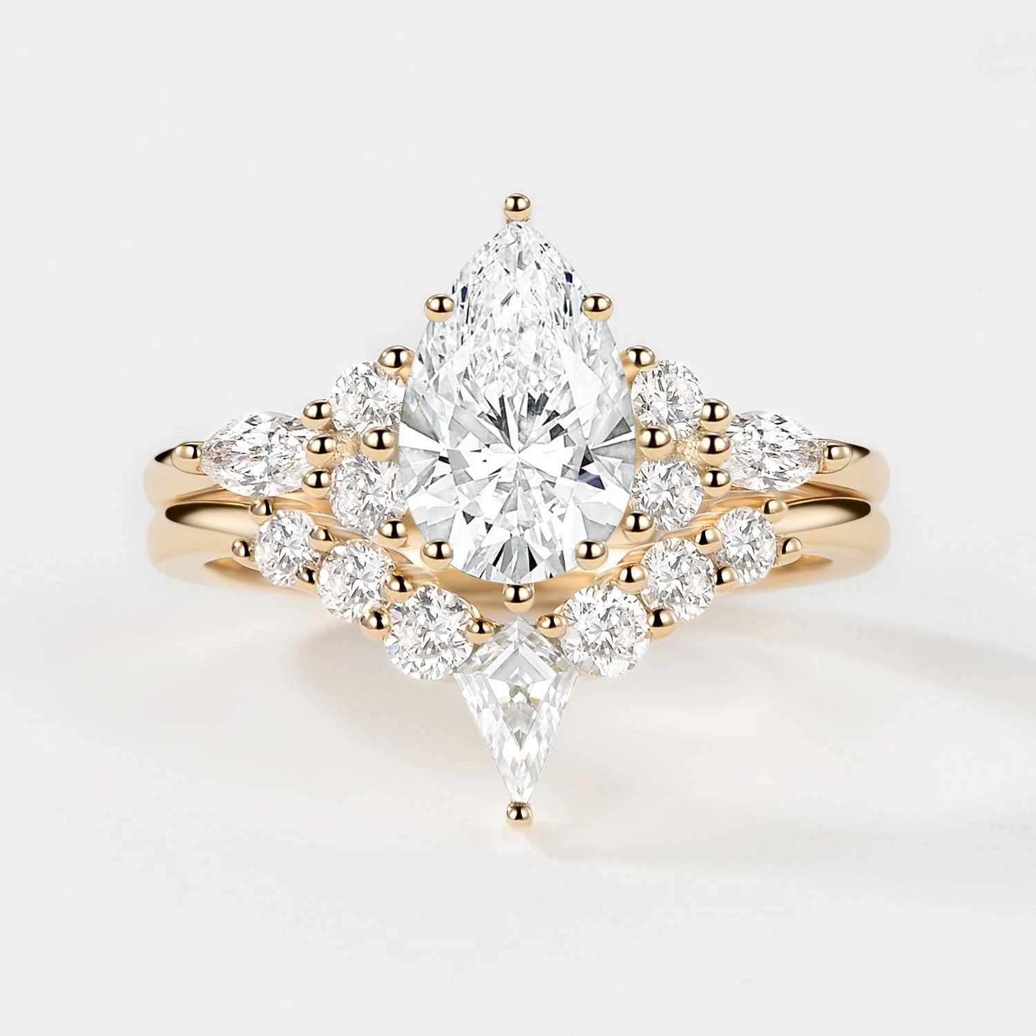 Quiet Luxury Dramatic Look Lab Grown Diamond Pear Cut Curved Engagement Ring Set 2pcs - Zoey