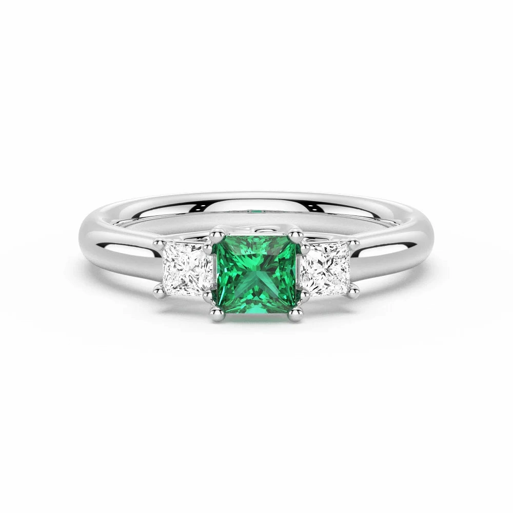 Custom Design Pieces Lab Grown Emerald and Princess Cut Diamond Three Stone Ring
