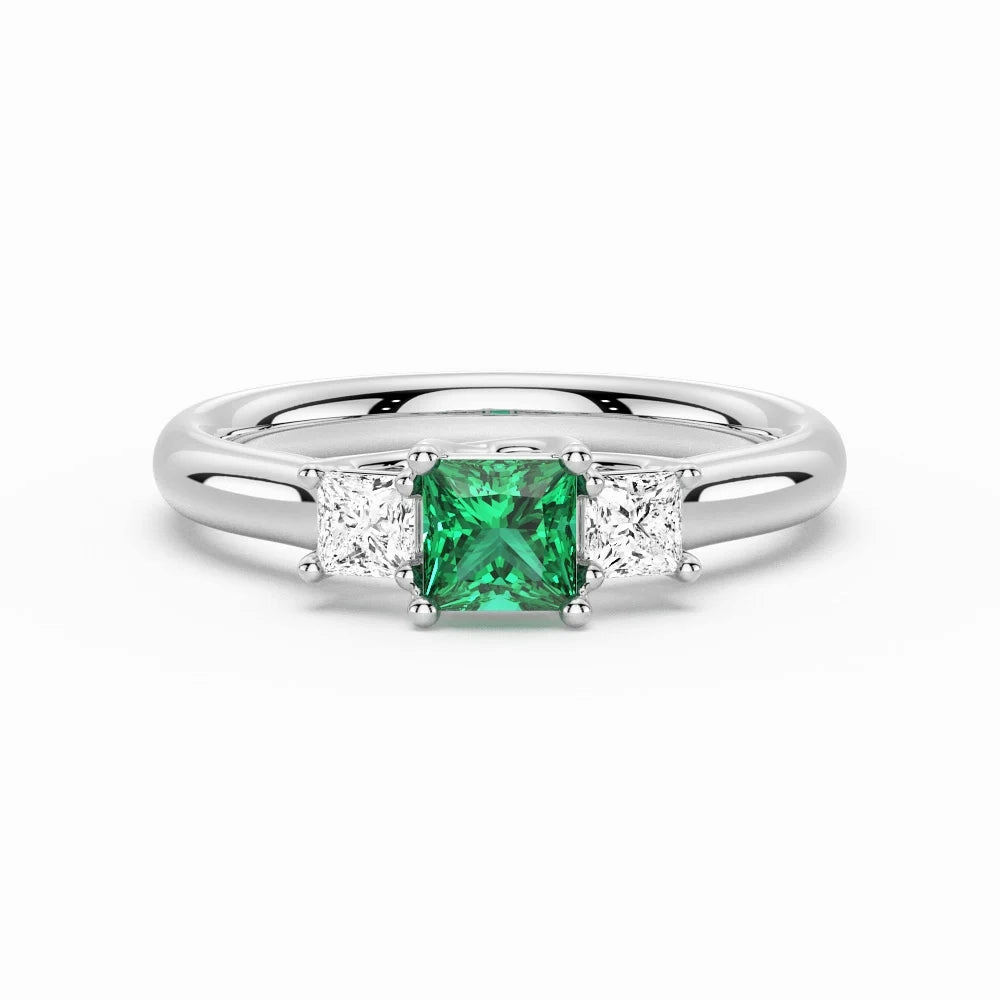 Perfect Match Elegant Pick Lab Grown Emerald and Princess Cut Diamond Three Stone Ring