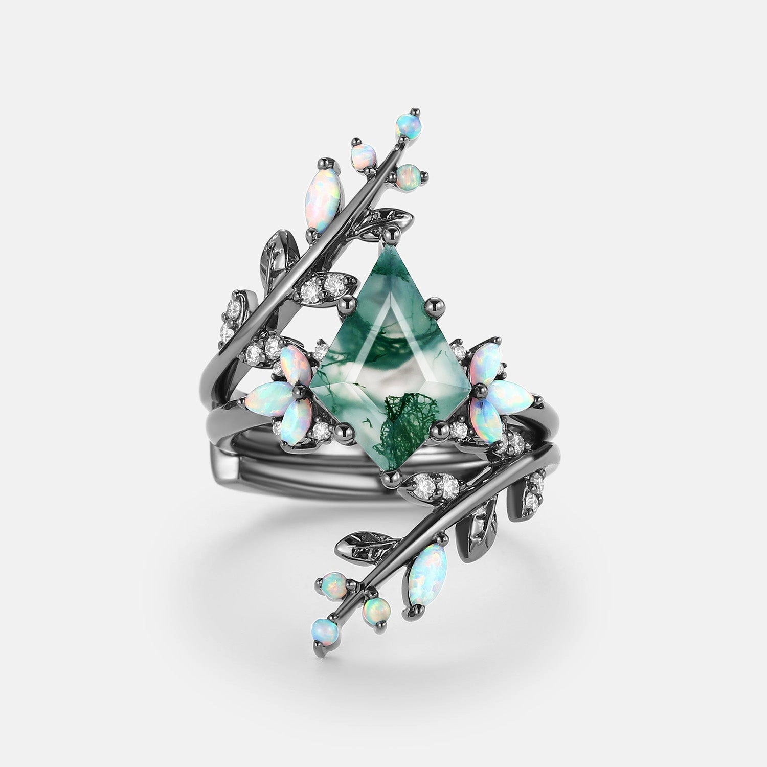 Kite Cut Black Gold Moss Agate & Opal Cage Leafy Engagement Ring 2pcs - Knight Value Statement Durable Symbol