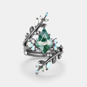 Excellent Expression Special Gift Kite Cut Black Gold Moss Agate & Opal Cage Leafy Engagement Ring 2pcs - Knight