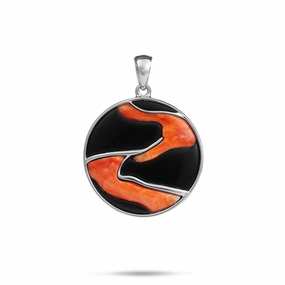 Lava Flow Black Coral and Spiny Oyster Pendant in White Gold - 22mm Polished Highlights