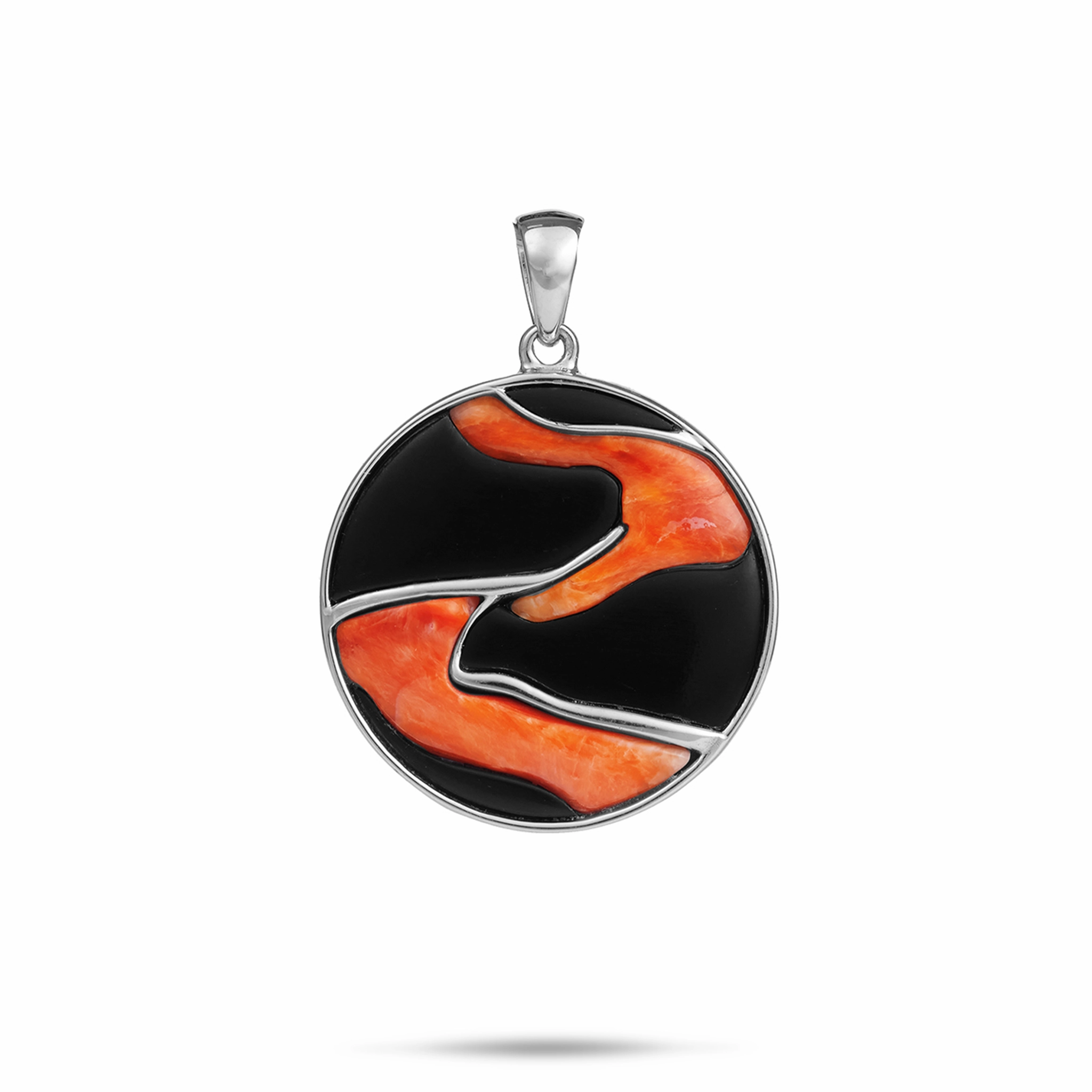 Lava Flow Black Coral and Spiny Oyster Pendant in White Gold - 22mm Polished Highlights