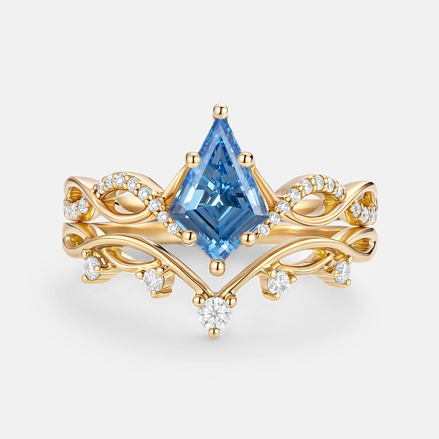 Allure Detail Leafy Kite Blue Lab Grown Diamond Ring Set 2pcs - Phyllon