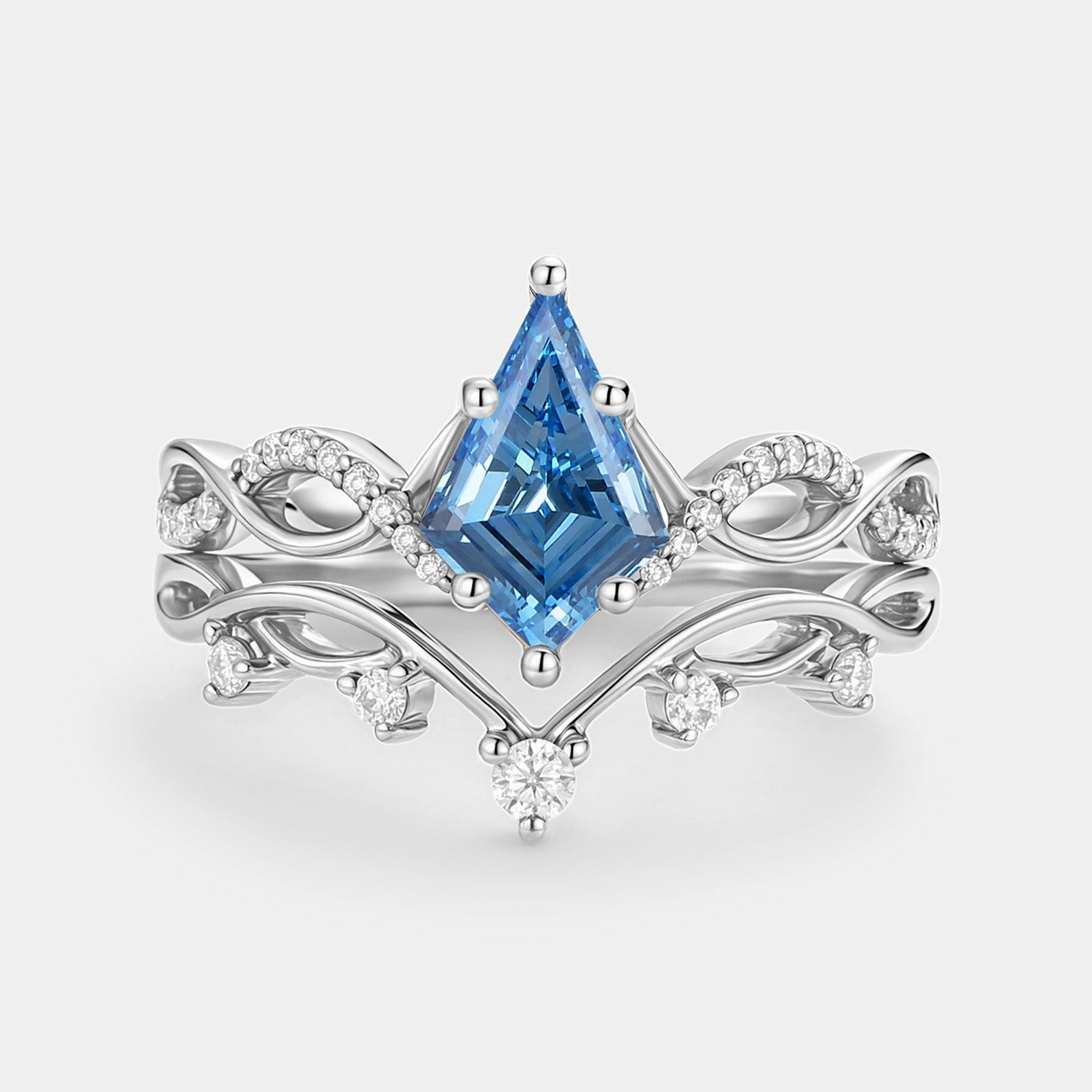 Leafy Kite Blue Lab Grown Diamond Ring Set 2pcs - Phyllon Clear Finish Celebration Style