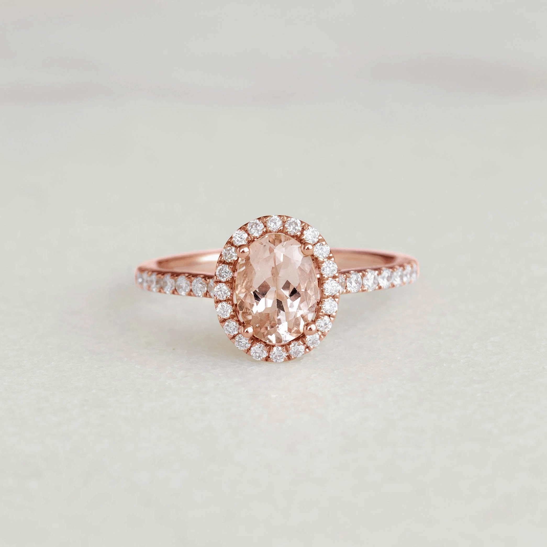 Oval Morganite Halo Ring Rose Gold - Suna Classic Pairing