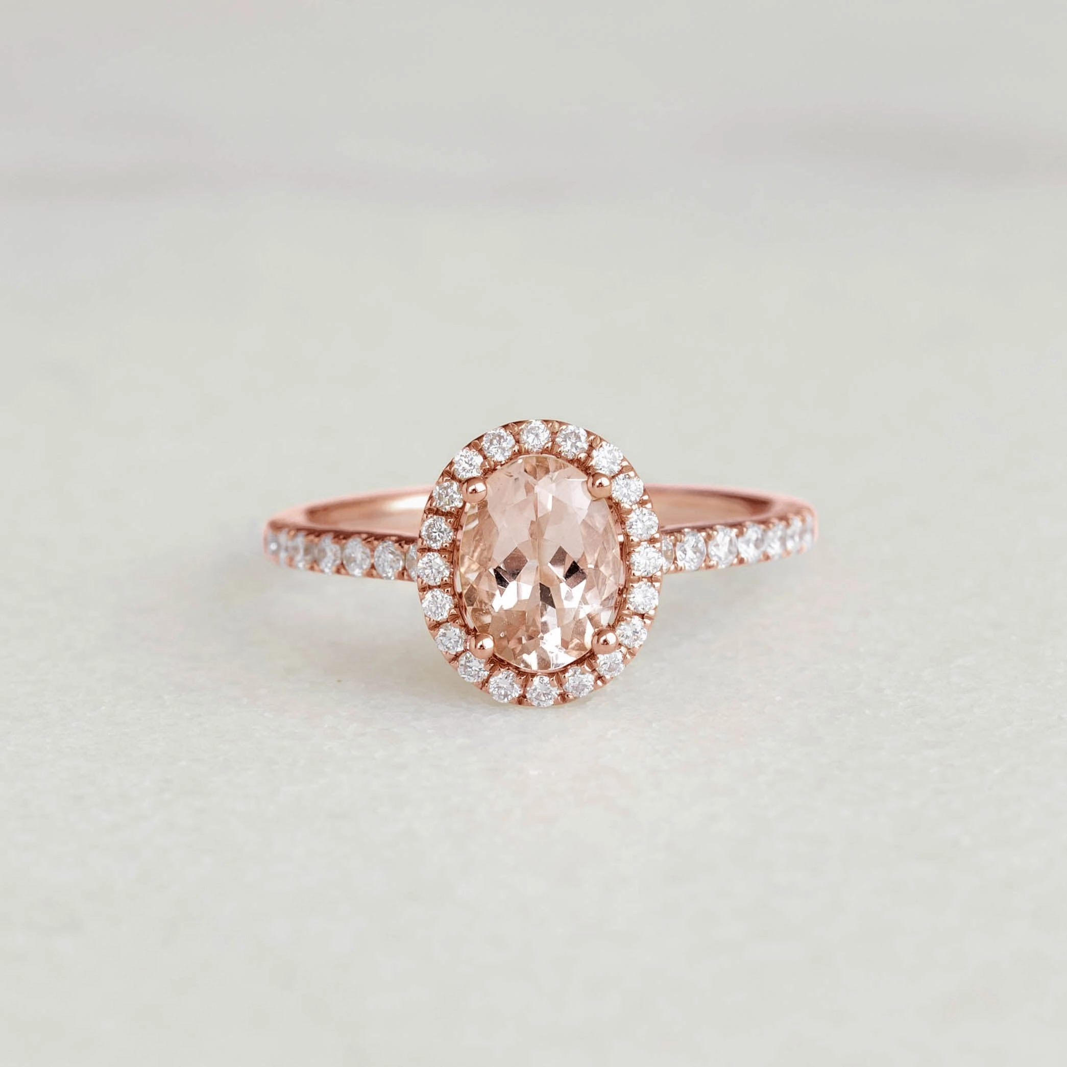 Oval Morganite Halo Ring Rose Gold - Suna Dainty Shine Holiday Glow