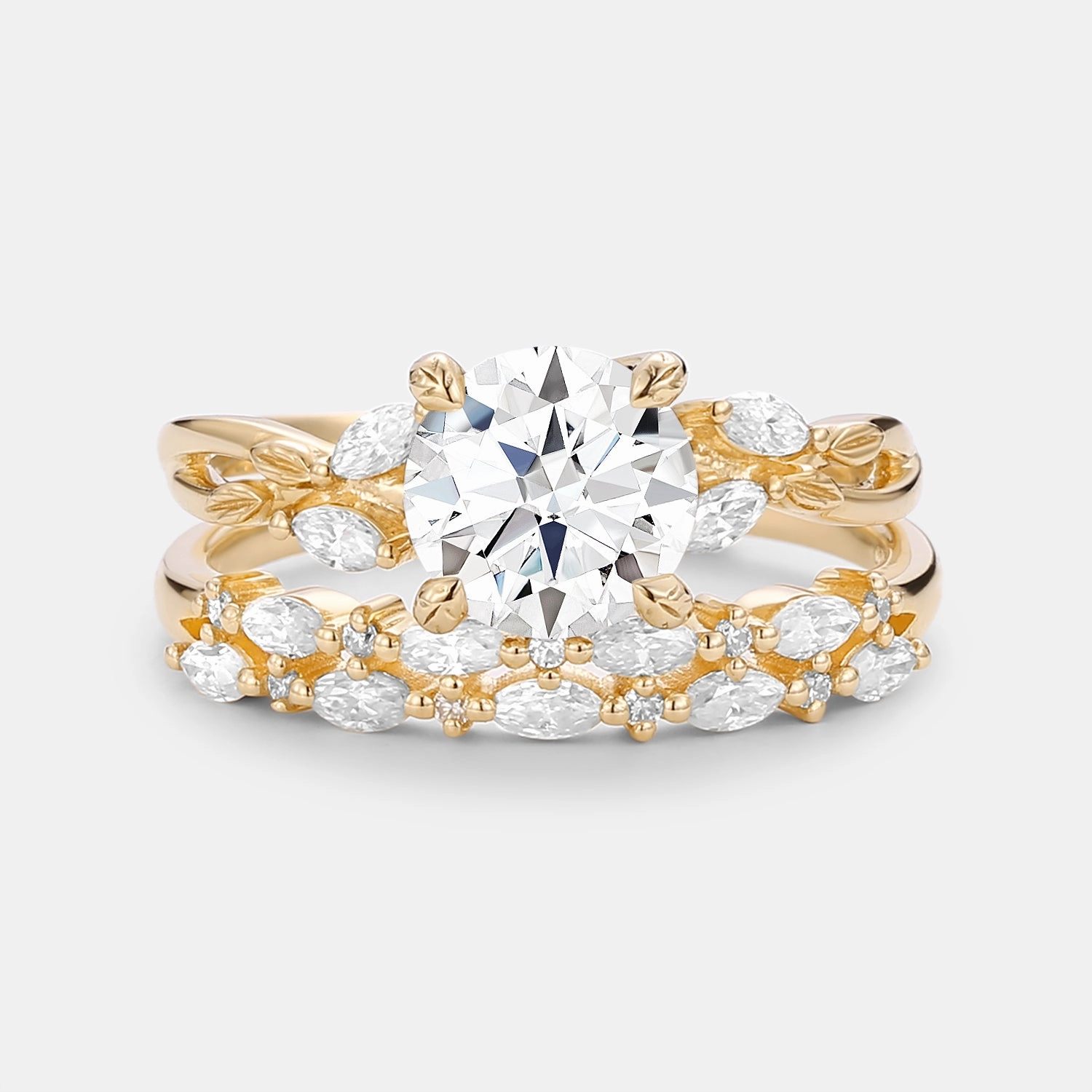 Event Look Graceful Flow Round Cut Moissanite Leafy Cluster Engagement Ring Set 2pcs