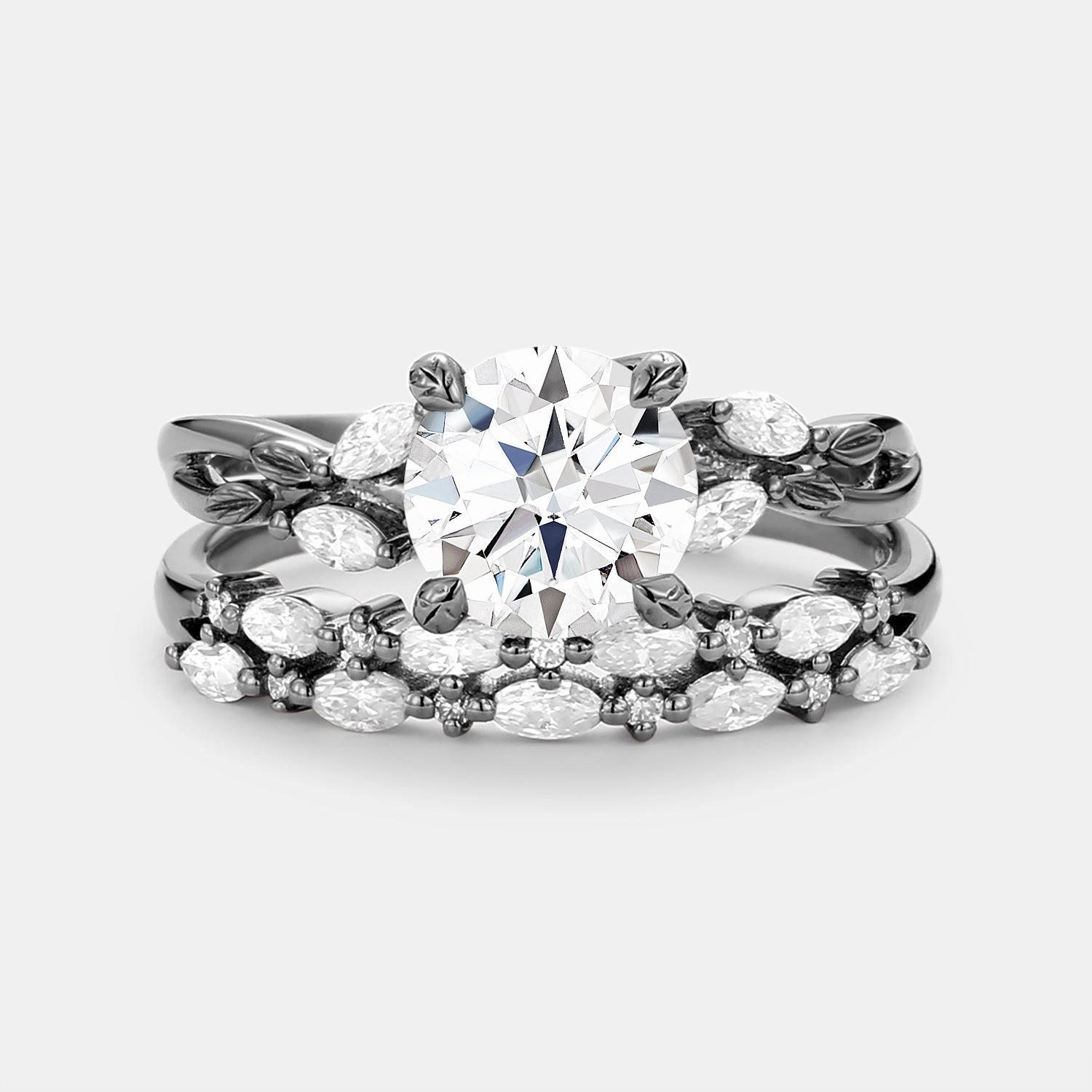 Round Cut Moissanite Leafy Cluster Engagement Ring Set 2pcs Layered Mood