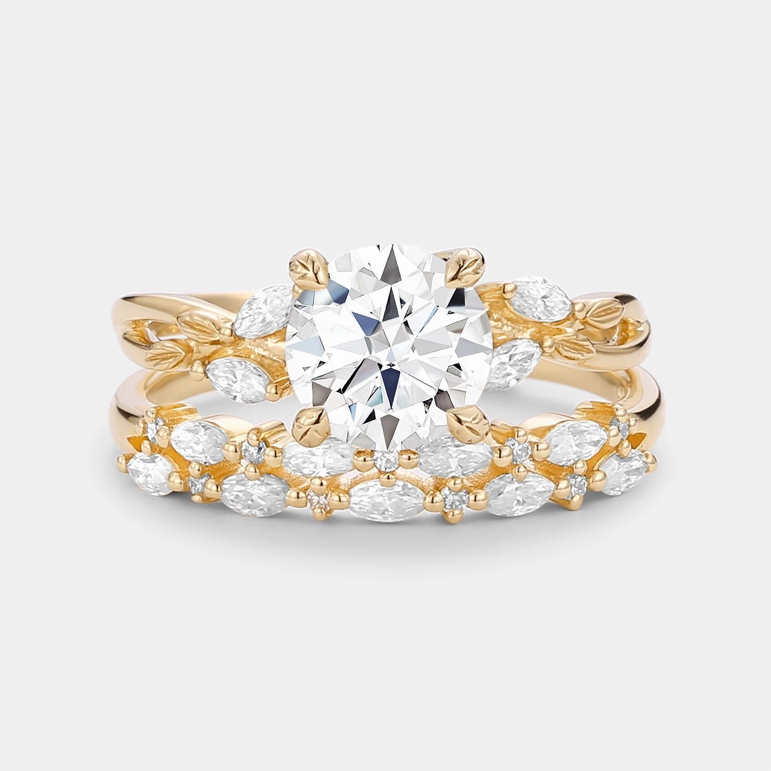 Distinctive Shine Charming Stones Round Cut Moissanite Leafy Cluster Engagement Ring Set 2pcs