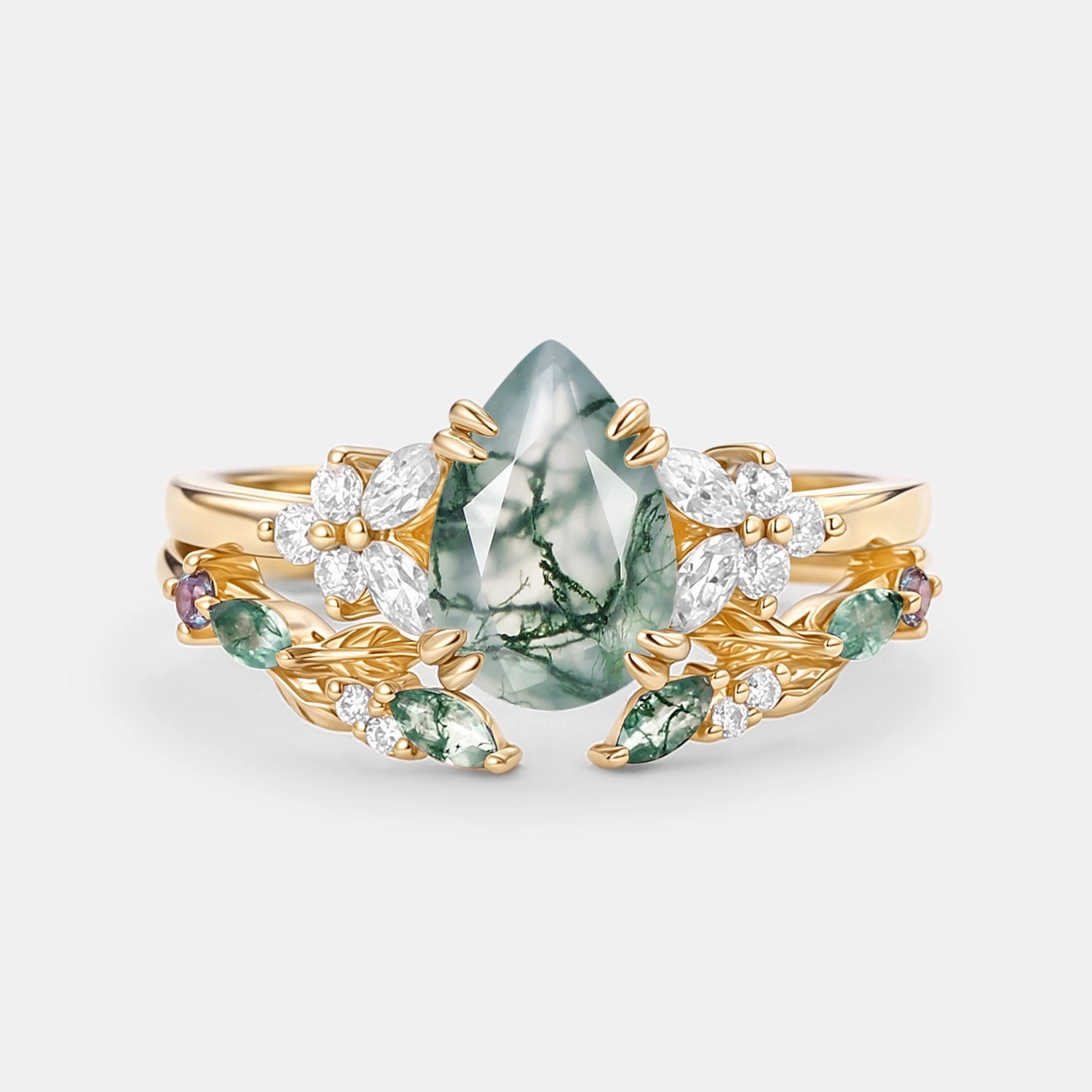 Luxury piece Pear Shaped Moss Agate Leafy Chevron Gold Ring Set 2pcs - Chloris