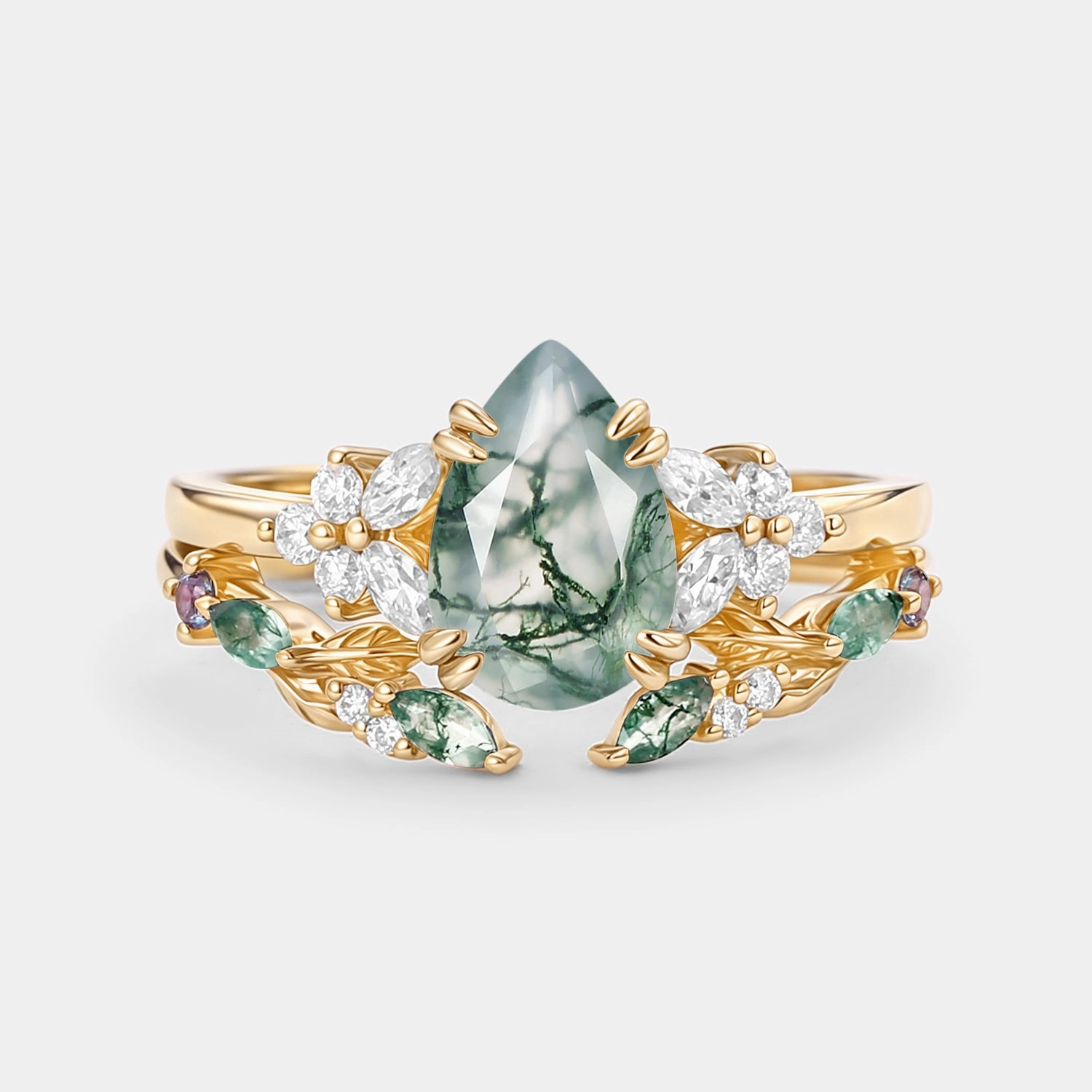 Wedding Style Pear Shaped Moss Agate Leafy Chevron Gold Ring Set 2pcs - Chloris