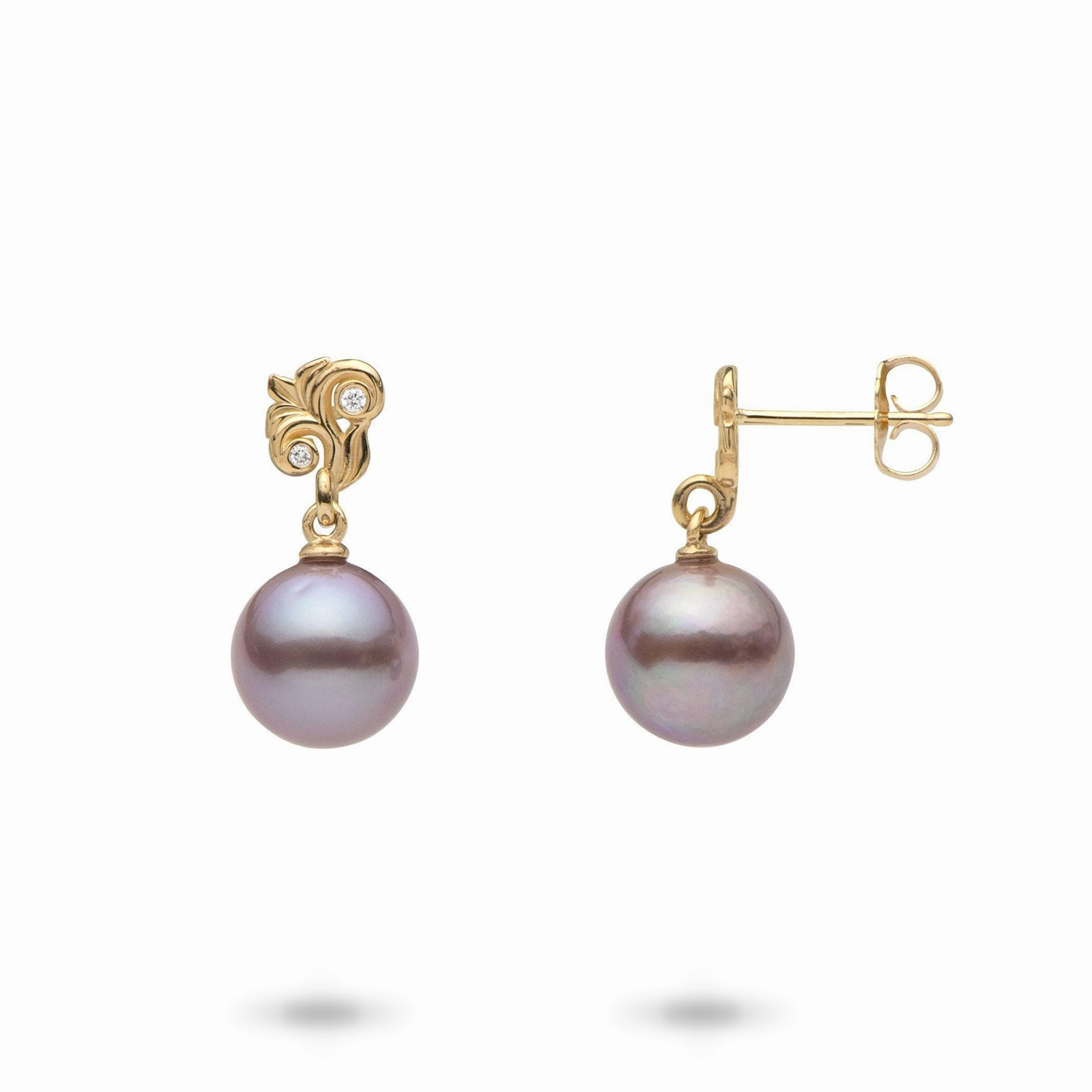Sleek Sparkle Gleaming Glow Living Heirloom Lilac Freshwater Pearl Earrings in Gold with Diamonds - 8mm