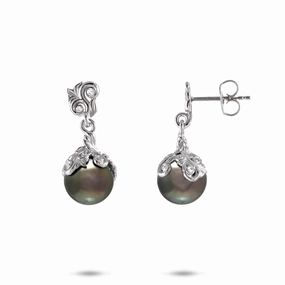 Living Heirloom Tahitian Black Pearl Earrings in White Gold with Diamonds - 9-10mm Shimmering Craft Bold Layering