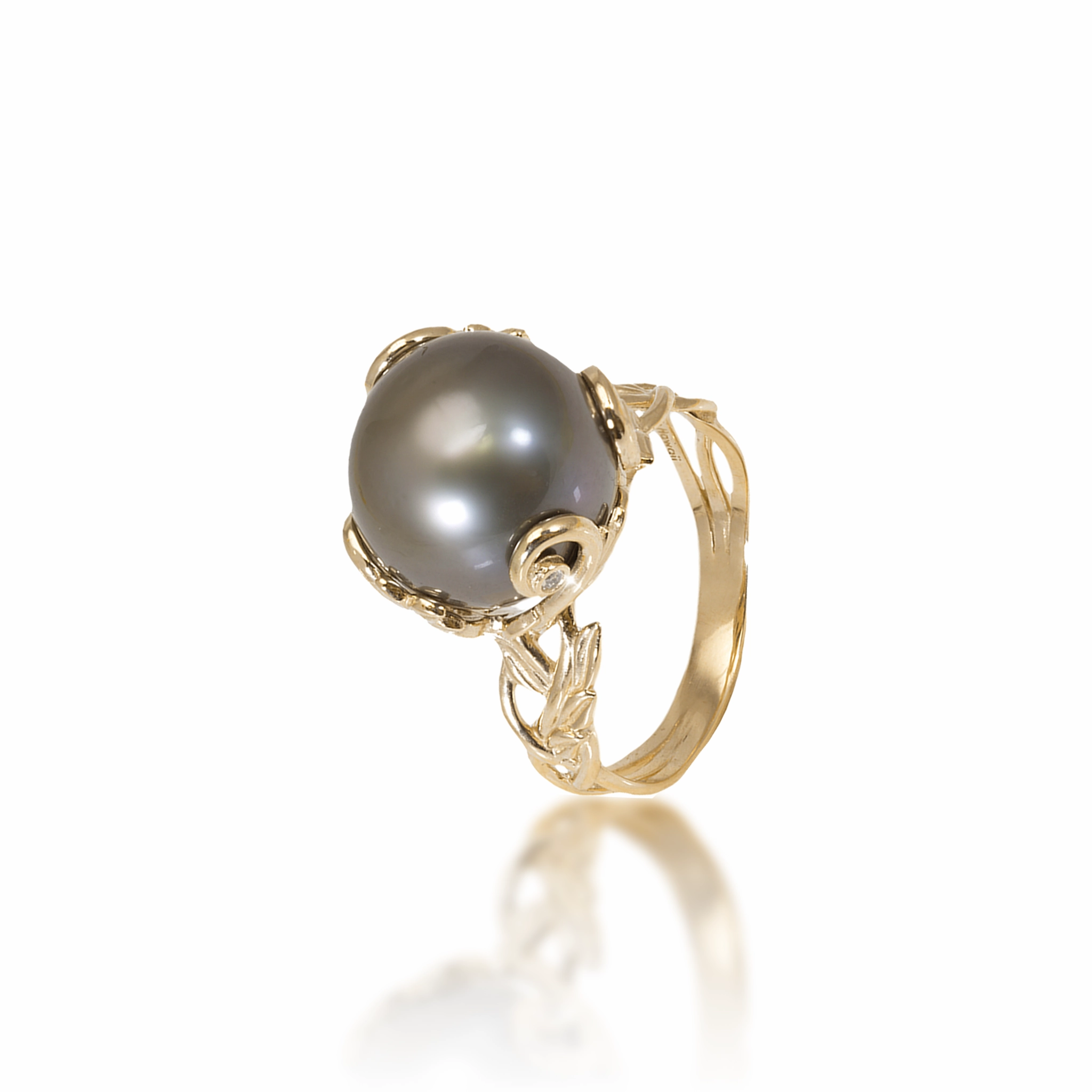 Work Ready Vogue Touch Living Heirloom Tahitian Black Pearl Ring in Gold with Diamonds - 12-13mm