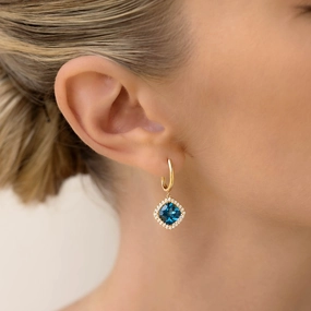 Creative Twist Detail Focus London Blue Topaz and Diamond Halo Drop Earrings 14k Gold - Elvira
