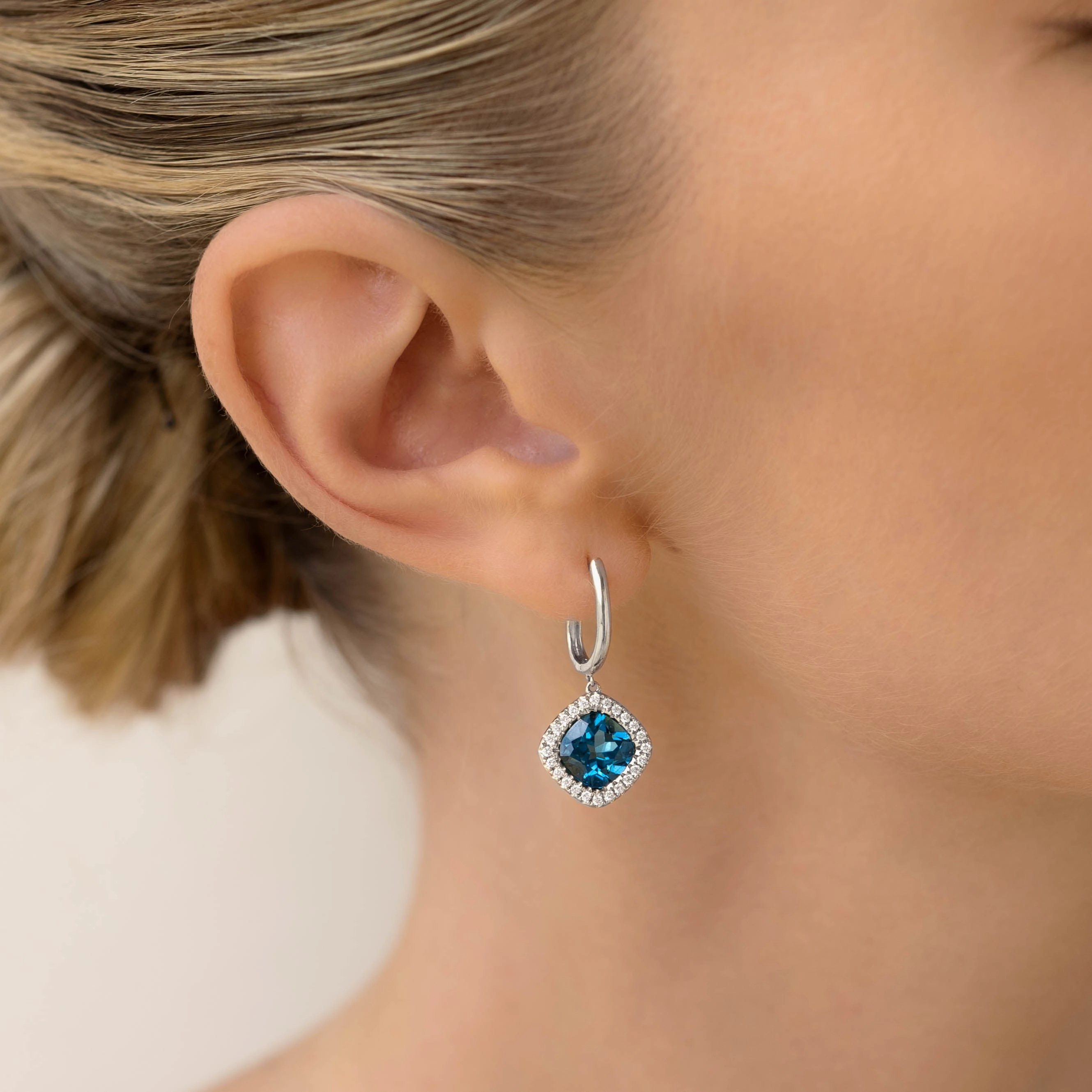 London Blue Topaz and Diamond Halo Drop Earrings White Gold - Elvira Refined Glow