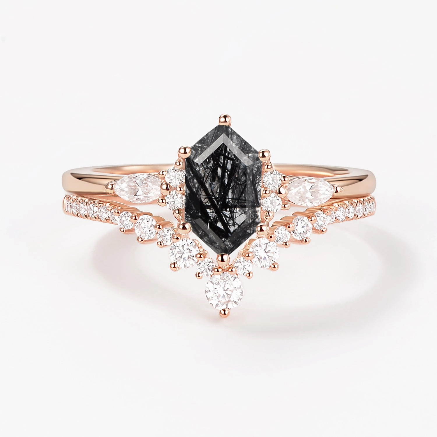 Distinct Detail Modern Look Long Hexagon Black Rutilated Quartz Cluster Engagement Ring Set 2pcs