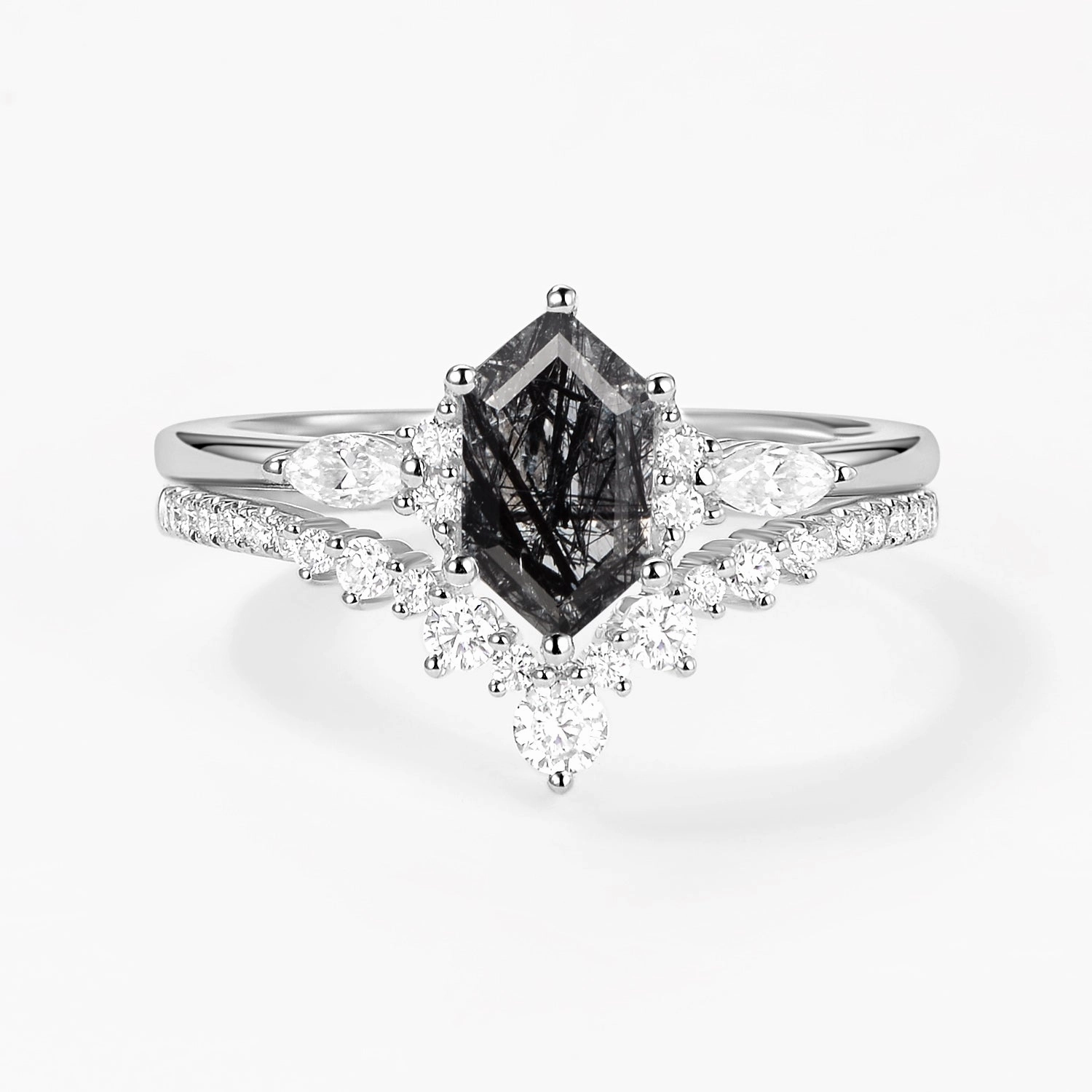 Classic Elegance Heritage Style Long Hexagon Black Rutilated Quartz Cluster Engagement Ring Set 2pcs