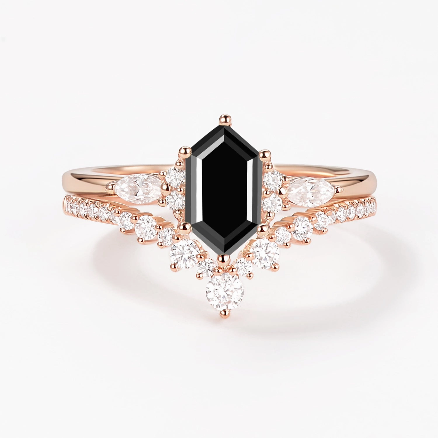 Radiant Look Long Hexagon Black Rutilated Quartz Cluster Engagement Ring Set 2pcs