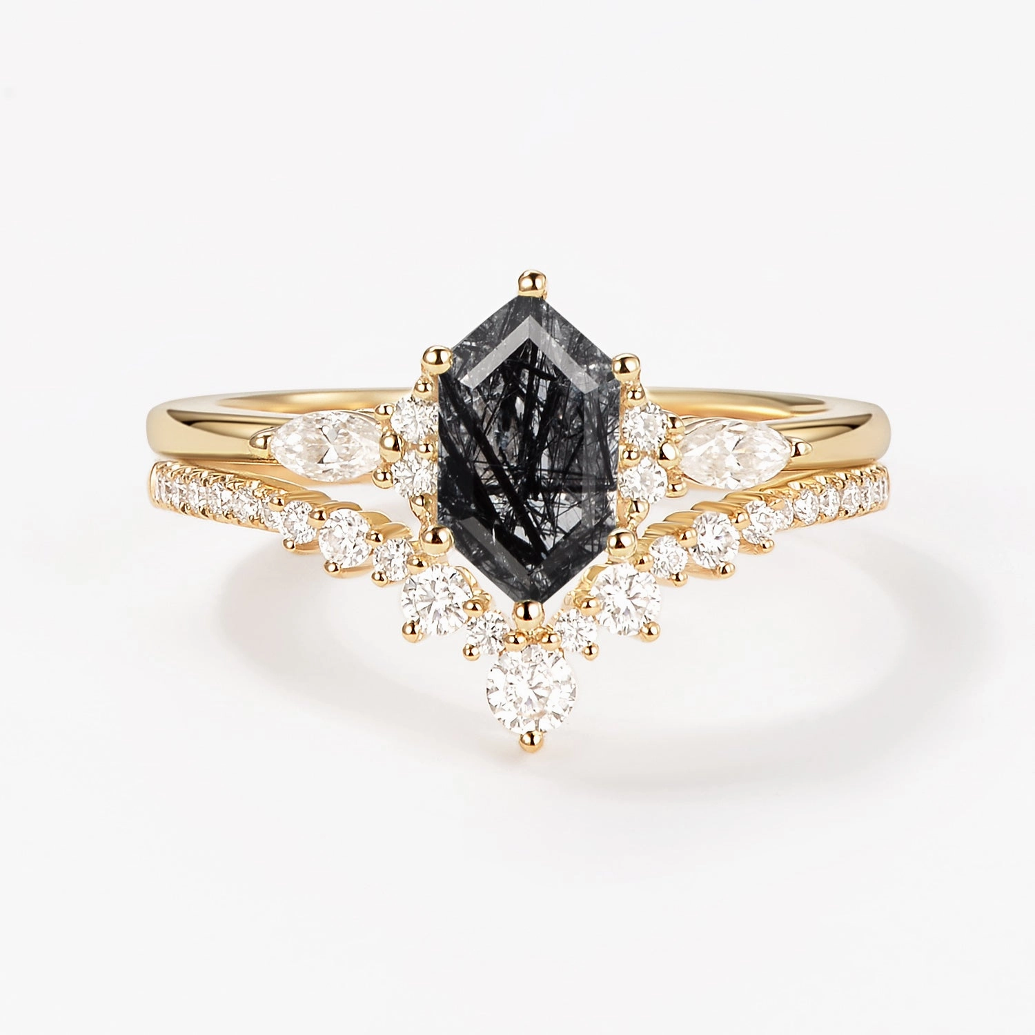 Long Hexagon Black Rutilated Quartz Cluster Engagement Ring Set 2pcs Petite Edge