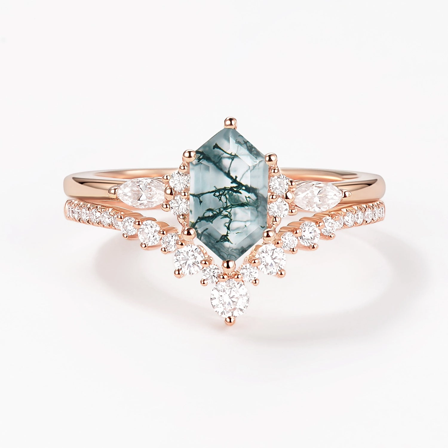 family gathering Fashion Layer Long Hexagon Black Rutilated Quartz Cluster Engagement Ring Set 2pcs