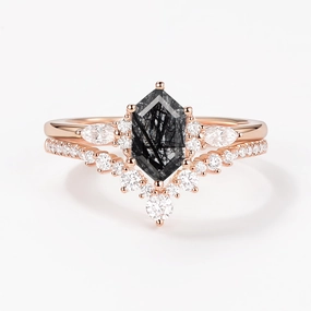 Distinct Detail Modern Look Long Hexagon Black Rutilated Quartz Cluster Engagement Ring Set 2pcs