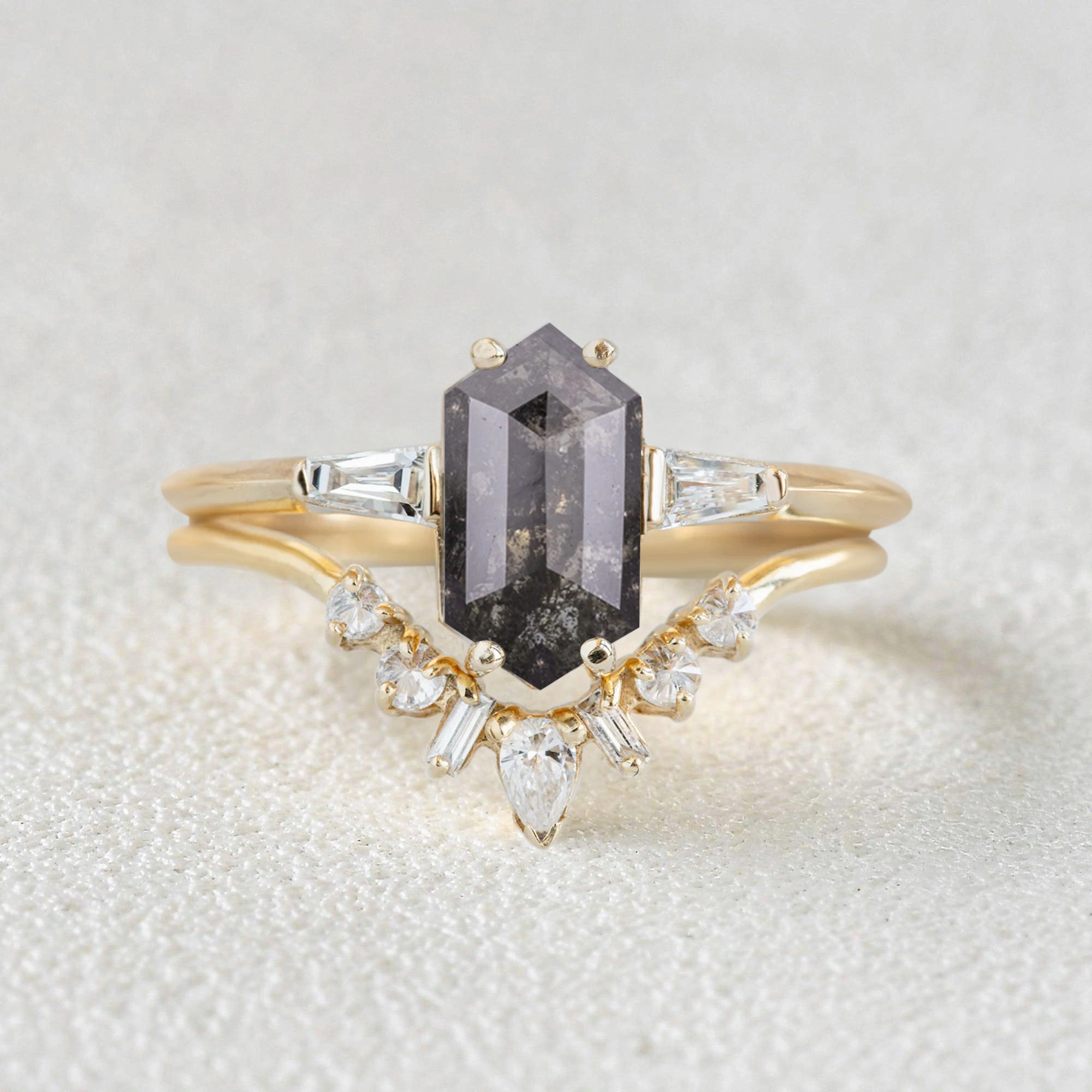 Vintage feel Long Hexagon Salt and Pepper Diamonds Three Stone Ring Set 2pcs