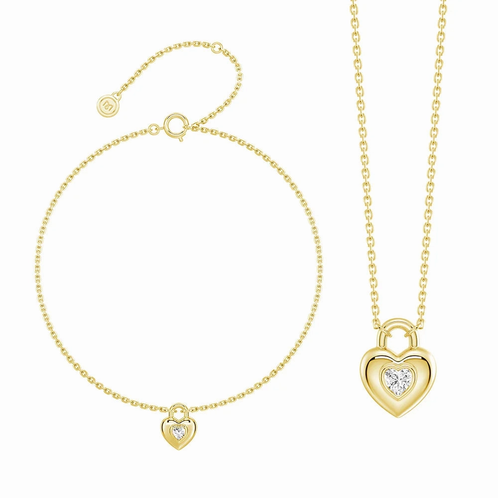 Gloss Mode Love Lock Heart Solitaire Moissanite Pendant Necklace And Bracelet Set