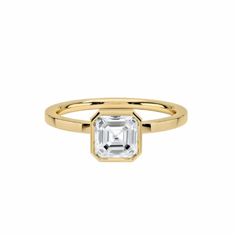 1 Carat Moissanite Asscher Cut Bezel Set Ring in 925 Sterling Silver Plated with 18K Gold Flawless Style Unique Finish