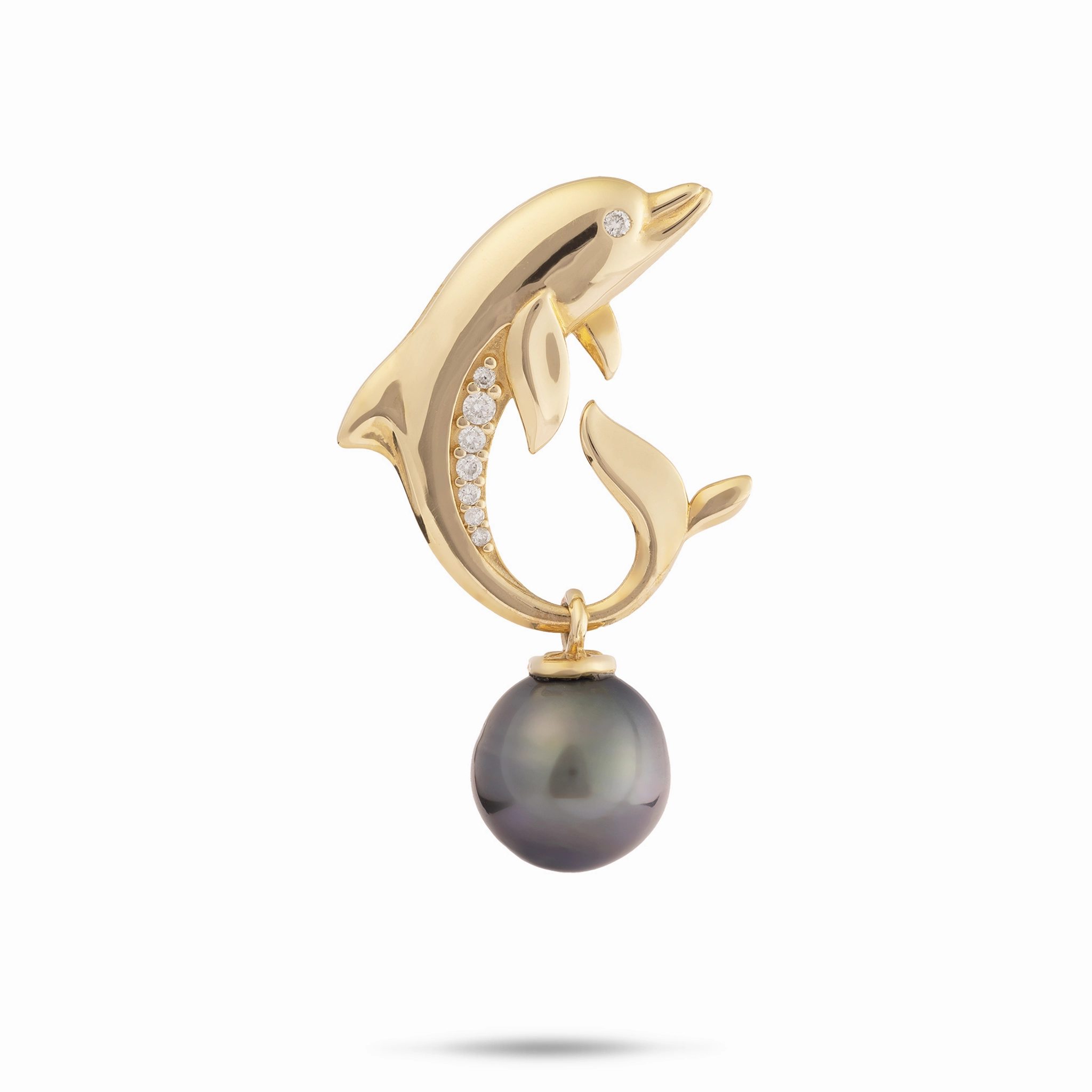 Urban Flair Model Mood Ocean Dance Dolphin Tahitian Black Pearl Pendant in Gold with Diamonds - 9-10mm