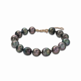 7.5-9" Adjustable Tahitian Black Pearl Bracelet in Gold - 10-12mm Wedding Ready