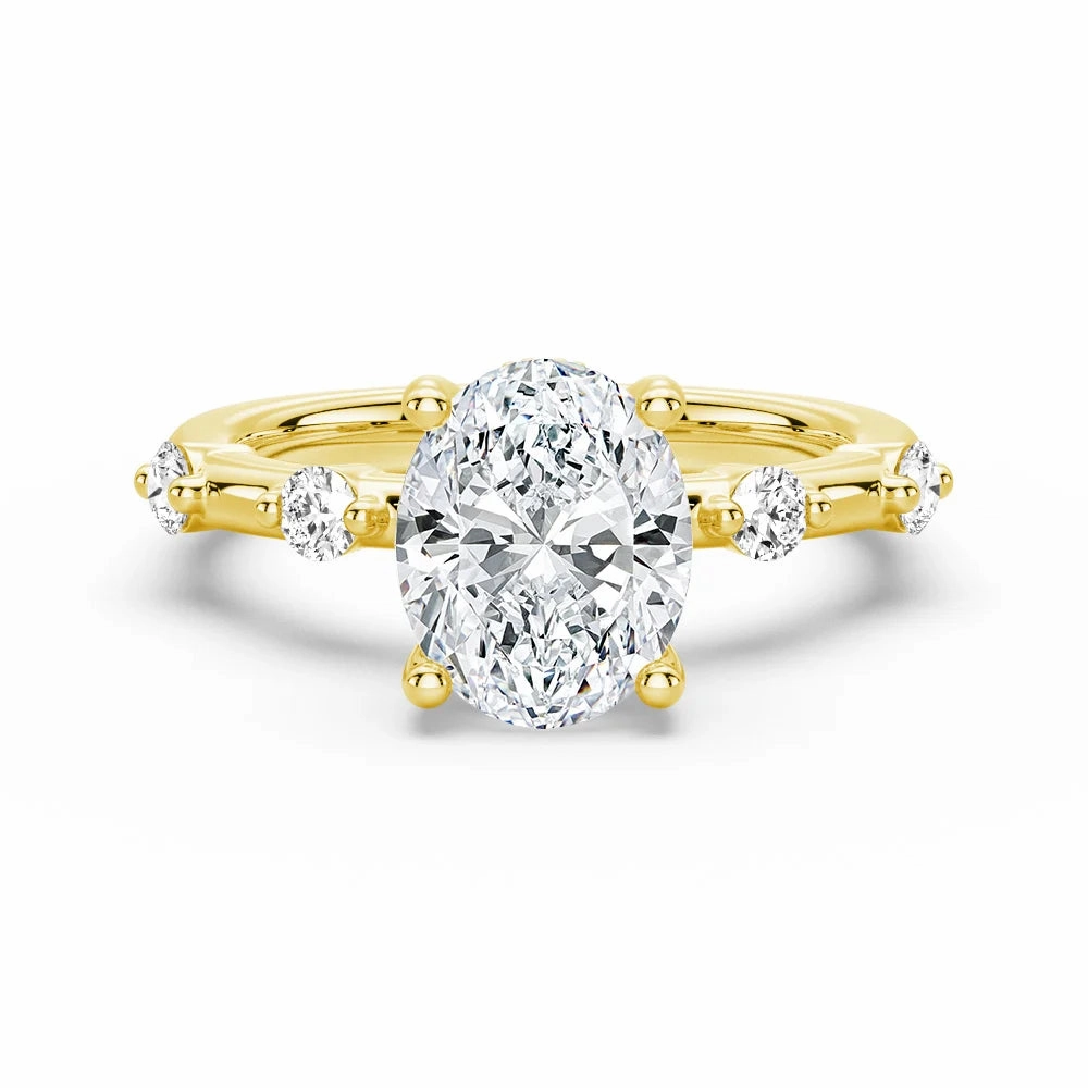 Soft Accent Charming Glow Oval Cut Moissanite Ring with Diamond Spaced Band and Hidden Halo
