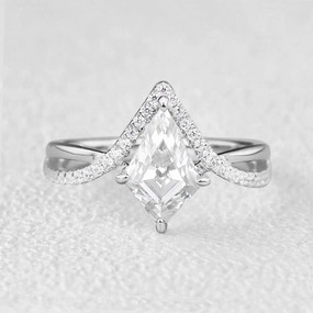 Kite Cut Moissanite White Gold Unique Engagement Ring Ornate Design Modern Detailing