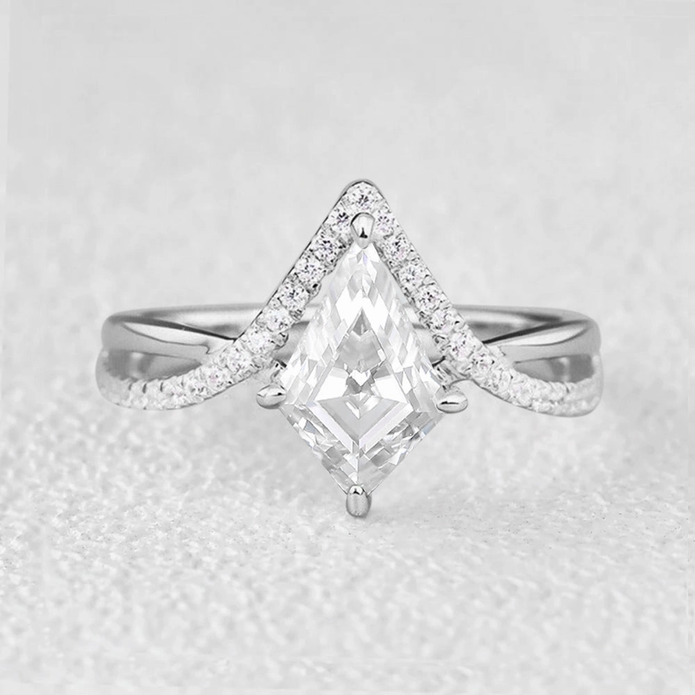 Kite Cut Moissanite White Gold Unique Engagement Ring Ornate Design Modern Detailing