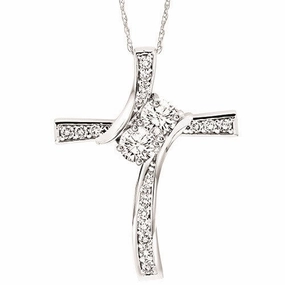 Luxury Shine Finish Gift Box Twogether Cross Diamond Necklace 1/4 Cttw 14K White Gold
