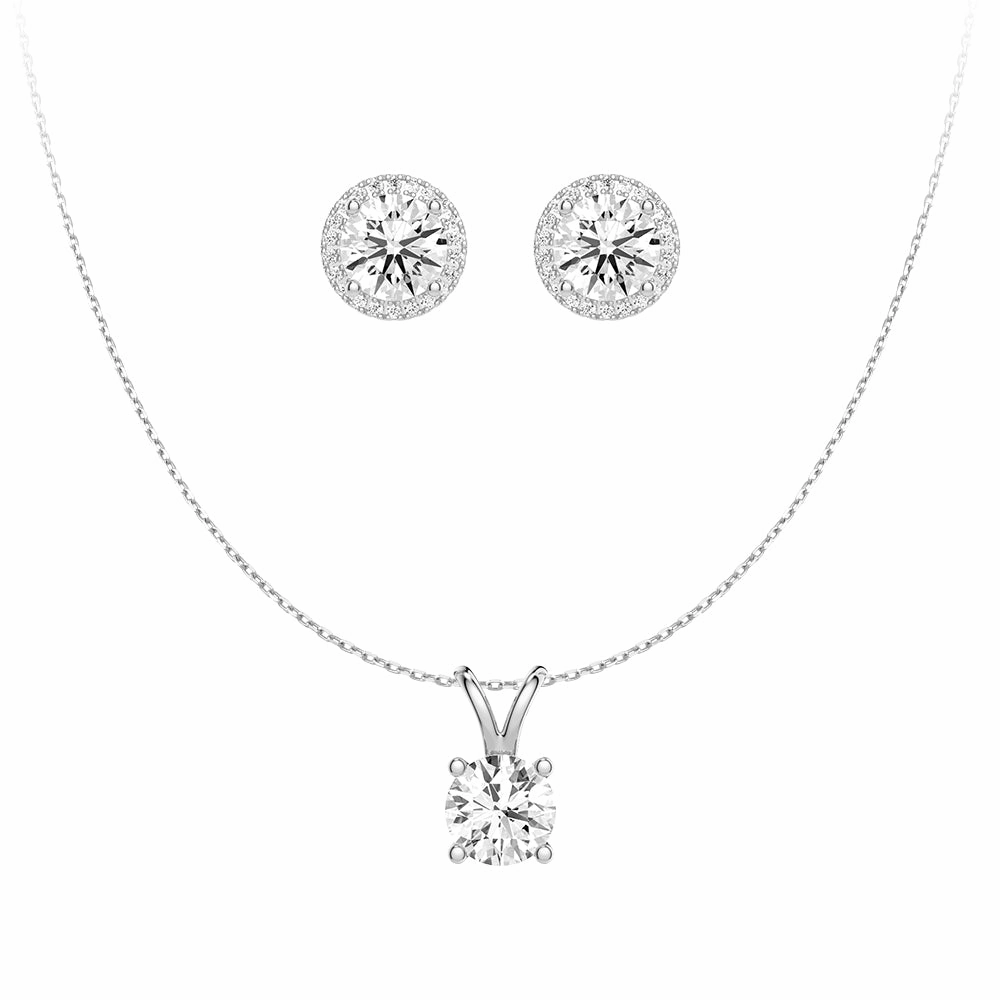 Round Moissanite Solitaire V Bale Pendant With Pav?? Halo Stud Earrings Fine Finish Fresh Edge